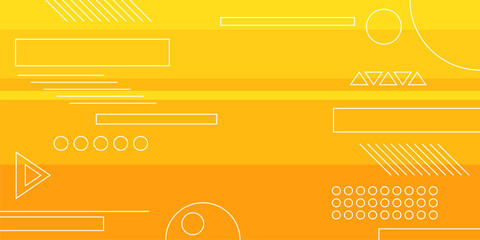Abstract creative background, web banner. Abstract geometric outline shapes composition. White shapes isolated on yellow striped background. Vector color illustration in flat style.