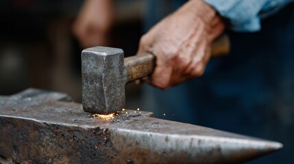 A sturdy hand forges fiery sparks on ancient anvil, echoing bygone craftsmanship on International Blacksmith Day and Labor Day