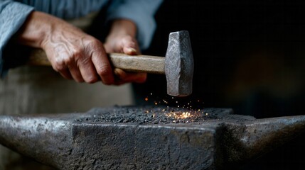 Craftsmans calloused hands, forging iron with fiery sparks, embody ancient craftsmanship, reminiscent of International Blacksmithing Day celebrations