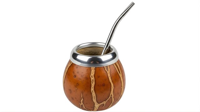 Traditional South American striped mate gourd with metal straw and yerba mate, isolated on white background