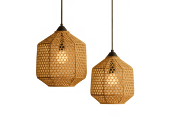 Rattan modern pendant lights illuminating, hanging from ceiling, natural woven bamboo wicker lamp shades for home decor