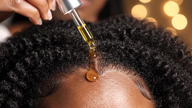 Closeup of a woman applying hair oil to her scalp with a dropper