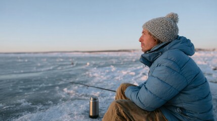 A contemplative Caucasian male ice-fishes at dawn, meditating on Winter Solstice amidst frozen lake serenity and thermos warmth