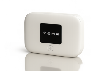 White portable mobile hotspot device displaying signal and battery status, providing wireless internet connectivity on transparent background