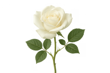 White rose with green stem and leaves, symbolizing purity, love, and tenderness on a transparent background