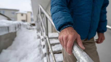 Snow-dusted rail escapes grasp of bundled, contemplative figure, echoing Hibernal Solstice introspection and Icelandic Thorri Fest