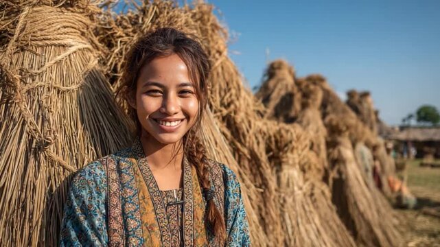 Smiling Woman by Haystacks: A radiant woman, her smile reflecting joy and serenity, poses before a rustic backdrop of haystacks under a clear sky. A celebration of natural beauty and cultural harmony.