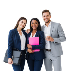 Three Professionals in Navy and Grey Suits Pose with Briefcase, Pink Notebook, and Coffee Cup Against White Background &mdash; Exuding Approachable Teamwork, Stylish Confidence, and Collaborative Energy Per