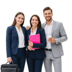 Three Professionals in Navy and Grey Suits Pose with Briefcase, Pink Notebook, and Coffee Cup Against White Background &mdash; Exuding Approachable Teamwork, Stylish Confidence, and Collaborative Energy Per