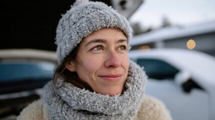 A Caucasian woman in cozy winter attire gazes wistfully, embracing Frosty Festivities and mysterious Krampusnacht enchantment