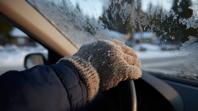 Gloved hand clutching frosty steering wheel, Nordic winter frostbite drive, Yuletide journey, whimsical icy road odyssey