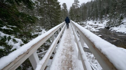 Obraz premium A solitary figure crosses a snow-draped bridge, evoking winter solstice wanderings and introspective Nordic solitude