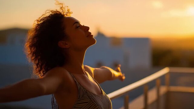 Embracing the Golden Hour: A woman stands on a balcony, her arms outstretched, savoring the warmth of the sun and the serenity of the moment. The photo is a celebration of life, joy.