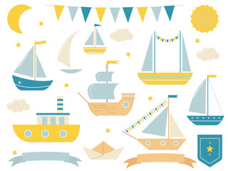 Bright children's set with sea transport, garlands and flags