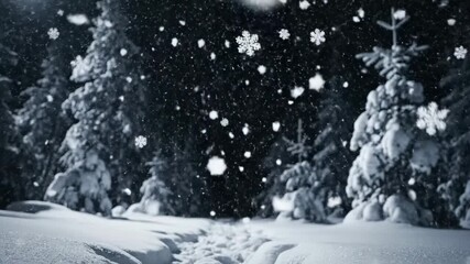 Snowfall over forest landscape with animated snowflakes winter scene