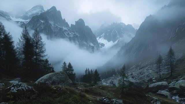 Video A misty mountain range with trees and rocks, ideal for outdoor or nature-themed projects