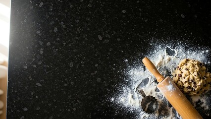 Flour dusting on black countertop with rolling pin and dough