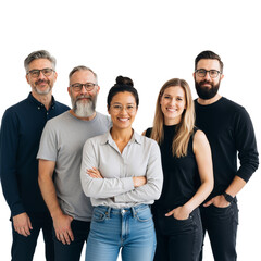 Diverse, Approachable Team in Smart-Casual Attire Poses Against White Background &mdash; Glasses, Jeans, Layered Tops &mdash; Radiating Authentic Collaboration, Inclusive Startup Culture, and Human-Centered Profe