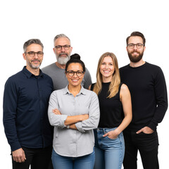 Diverse, Approachable Team in Smart-Casual Attire Poses Against White Background &mdash; Glasses, Jeans, Layered Tops &mdash; Radiating Authentic Collaboration, Inclusive Startup Culture, and Human-Centered Profe