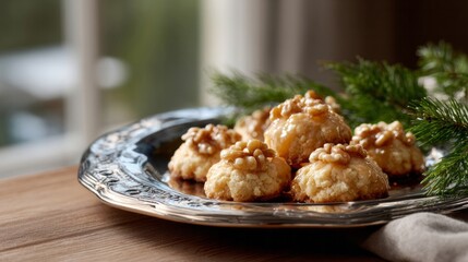 Golden pine nut cookies nestle cozily on a vintage platter, summoning Yuletide warmth and culinary nostalgia, perfect for Solstice feasts