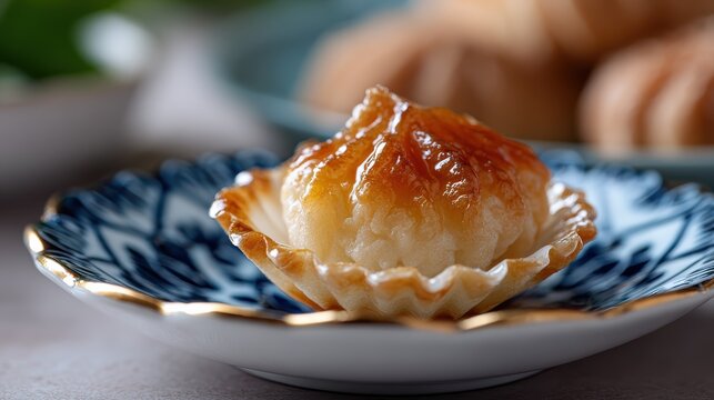 food photography, close-up of a perfectly golden-brown luqaimat dumpling drizzled with syrup, set on an ornate porcelain plate, surrounded by traditional sweets