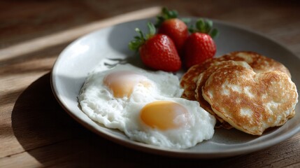 Heart-shaped pancakes nestle beside sunlit fried eggs and strawberries, invoking nostalgia for Pancake Day and quirky National Breakfast Month