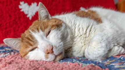 Cozy ginger cat dozing on crocheted throw, serene feline indulgence, perfect for Cat Day or International Napping Day