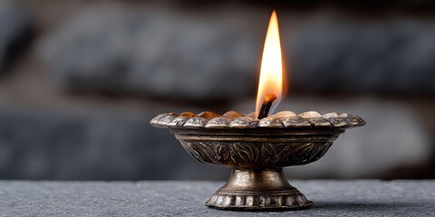 vintage oil lamp, a close-up of a decorative metal oil lamp with a flickering flame, showing intricate details and casting a warm glow on a textured background