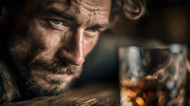 Close-up of a man pushing a glass of alcohol away on the table, symbolizing his commitment to stop drinking and saying no to addiction.