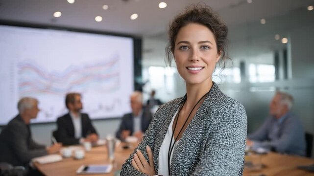 Confident Leader in Meeting: A poised businesswoman exudes confidence and authority, her gaze meeting the viewer's as she stands at the forefront of a dynamic meeting.