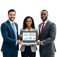 Diverse Business Team Presents Data on Laptop Against White Background &mdash; Grey Blazer, Navy and Grey Suits, Colorful Graphs &mdash; Showcasing Collaboration, Analytical Insight, and Measurable Success in a