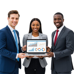 Diverse Business Team Presents Data on Laptop Against White Background &mdash; Grey Blazer, Navy and Grey Suits, Colorful Graphs &mdash; Showcasing Collaboration, Analytical Insight, and Measurable Success in a