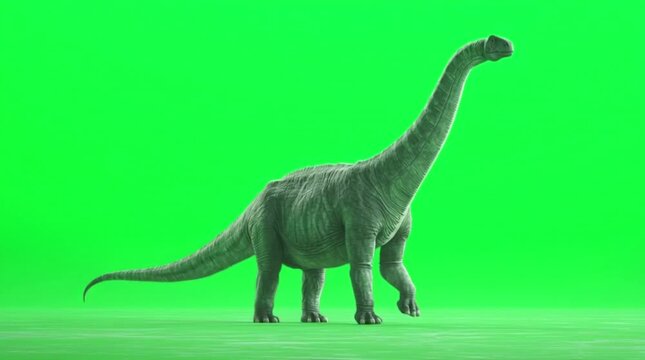 Captivating 3D cartoon dinosaur illustration walking across a vibrant green screen, perfect for creative visual effects and educational content involving prehistoric animals in a dynamic setting