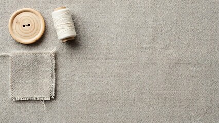 Sewing essentials on linen fabric background