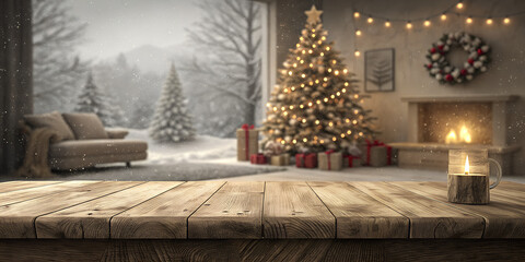 Empty woooden table top with abstract warm living room decor with christmas tree string light blur background with snow,Holiday backdrop,Mock up banner for display of advertise product
