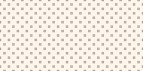 Vector minimalist floral seamless pattern. Abstract black and white minimal geometric ornament with small stylized flowers, tiny leaves. Simple monochrome background texture. Repeated design for decor