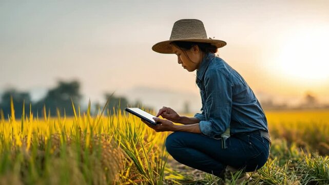 Modern farming: A focused farmer, immersed in technology, meticulously inspects the fields. The sun casts a golden hue over a scene that merges the best of past and present. 