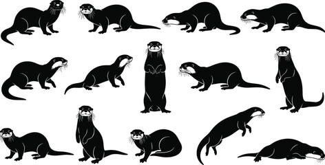 Otter silhouette vector set showing multiple poses, playful aquatic mammals, black wildlife animal icons isolated on white background