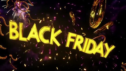 Holiday shopping season. Retail business promotion concept. A vibrant fireworks display with the words BLACK FRIDAY prominently displayed. The fireworks are a mix of purples, pinks, and golds.