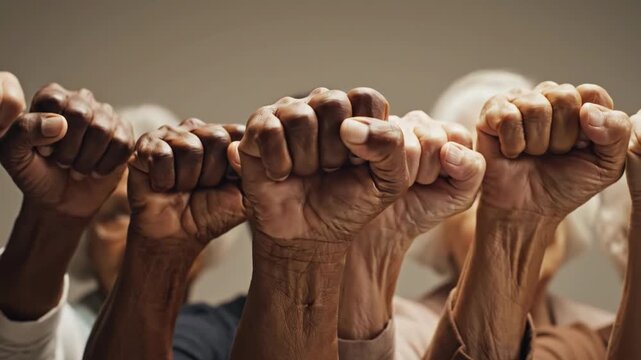 Diverse group of people showing solidarity with raised fists in unity and strength