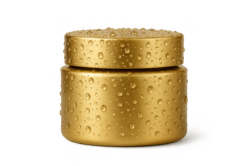 Gold cosmetic jar with water drops, symbolizing luxury beauty and hydrating skincare, product mock up for packaging design