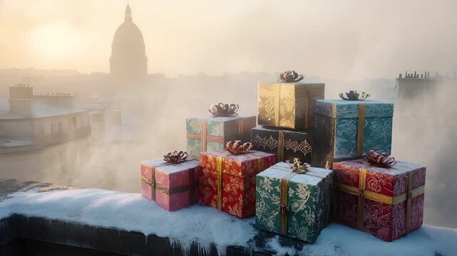 Winter holiday celebration concept. Christmas New Year. A Christmasthemed digital artwork featuring a stack of wrapped presents on a snowy rooftop.