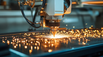 Laser cutting machine in action on metal sheet producing sparks in smart factory