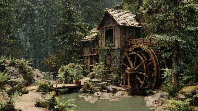 Water wheel and wooden cabin in forest with plants near stream surrounded by trees in bright daylight
