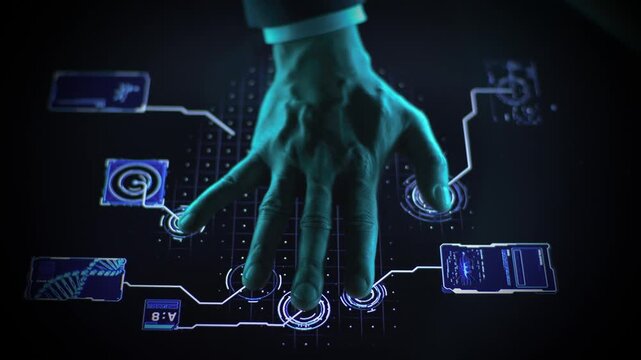 Futuristic Digital Interface with Human Hand and Advanced Technology Elements