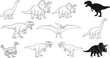 Collection of dinosaur vector illustrations and silhouettes, including T-Rex, Triceratops, Brachiosaurus, and Pteranodon, set on white background. © NAIMUR