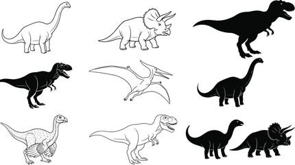 Collection of dinosaur vector silhouettes and line art illustrations featuring T-Rex, Triceratops, Brachiosaurus, and Pteranodon on white background. © NAIMUR