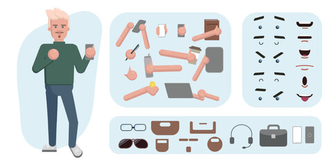 Business man avatar creation suitable for animation. Generator, constructor of diverse views of face, body, hands and leg parts. Male character construction for comfortable fast motion design.