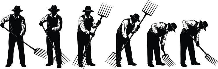 Farmer silhouette using pitchfork, traditional farming, manual labor, black vector, agricultural motion, rural work, isolated, flat design, sequence