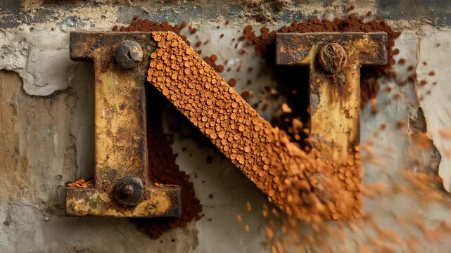 Rusty letter N mounted on brick wall with worn texture in urban setting during daytime